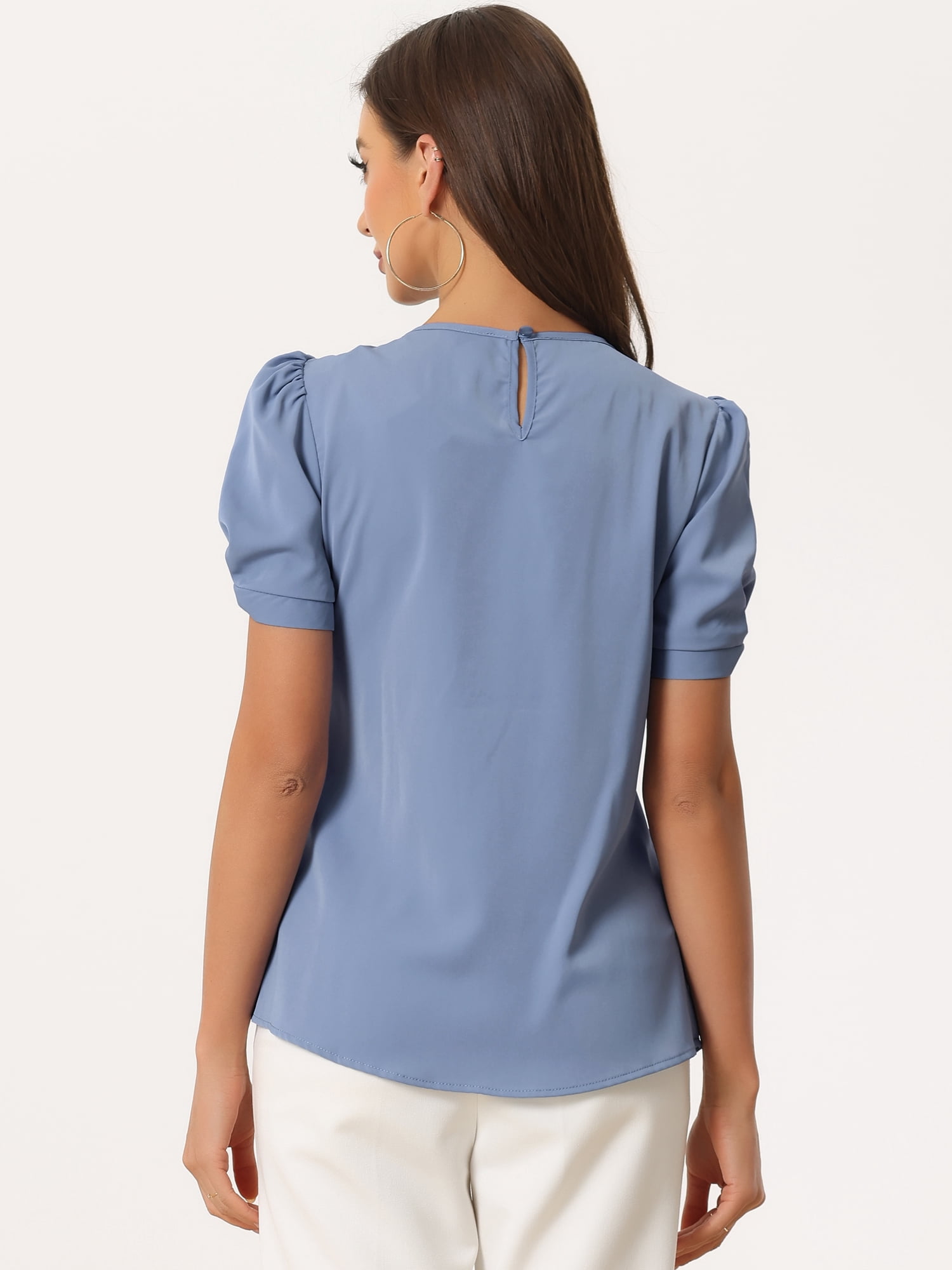 DARING DIVA Women's Ruched Sleeve Blouse Pleated Front Round Neck Tops M Blue Gray