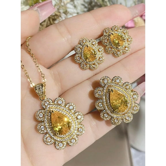 QQTDFG 4pcs/set Gold-tone Yellow Gemstone Necklace, Earrings, Ring Jewelry Set Jewelry-default