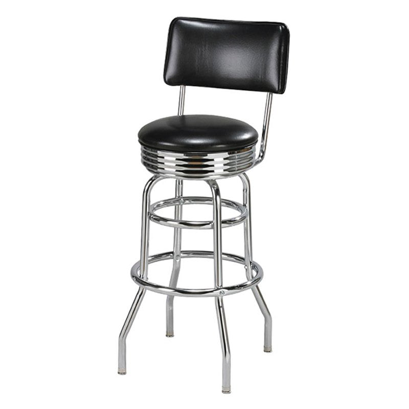 Commercial Quality Double Ring Chrome Bar Stool with Red Vinyl Upholstered Seat 