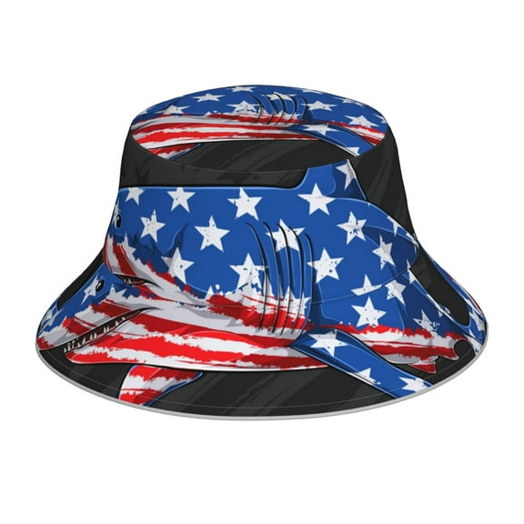 Balery Shark With USA Flag Sun Hats for Men Women Bucket Hat UPF 50  Buckey Hat Boonie Hat Foldable UV Protection Hiking Beach Fishing Summer