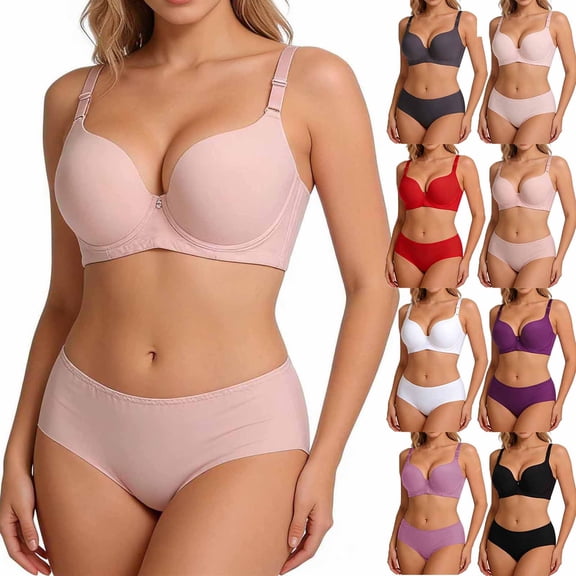 SROBPTY Womens Plus Size Bras Solid Solid Thin Underwire Push Up Set with Panty Cup C Brassiere for Daily Wear