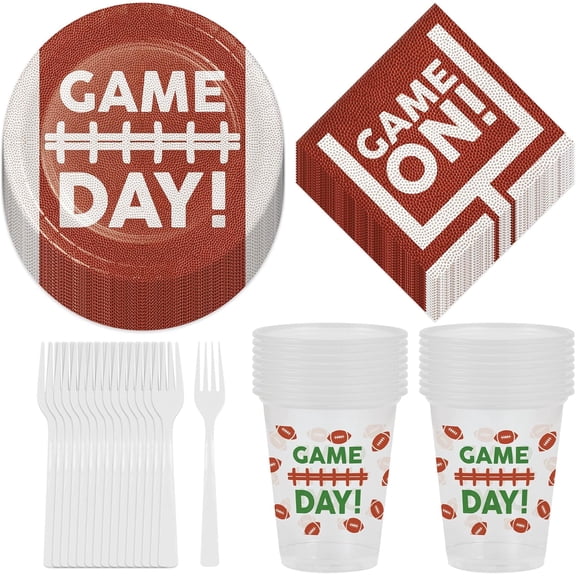 Football Fun Party Pack - Paper Dessert Plates, Napkins, Plastic Cups, Forks, and Table Cover Set (Serves 16)