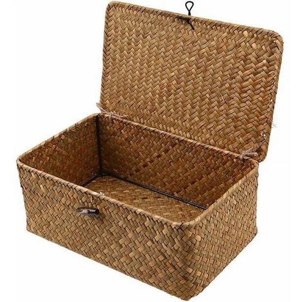 Cesta de almacenamiento de ratán tejido con tapa Cestas de lavandería de algas marinas Organizador de maquillaje para baño, sala de estar, cocina - Disponible en 3 diseños S, M, L 4YBqRDQ0D