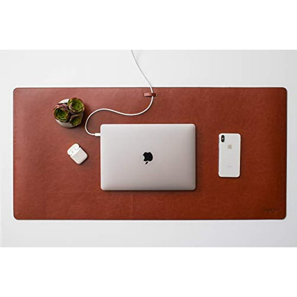 Leather Desk Mat with Cable Organizer (Saddle Brown 35 X 17 inch) Premium Extended Mouse Mat for Home Office Accessories - Non-Slip Vegan Leather Desk Pad Protector & Desk Blotter Pad