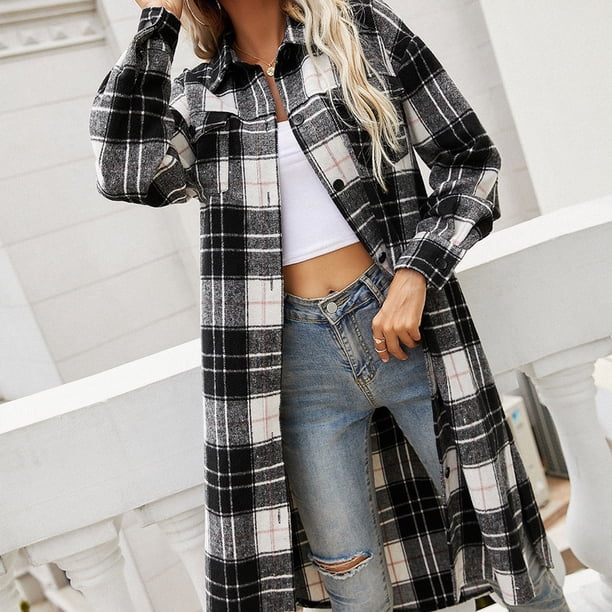 Chaquetas y abrigos casuales sin capucha de manga larga, nuevo estilo, camisa a cuadros, chaqueta informal holgada de manga larga con cremallera, abrigo para mujer