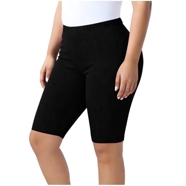 Plus Size Yoga Shorts for Women Capris Solid Color Elastic Waist Polyester 1Pc