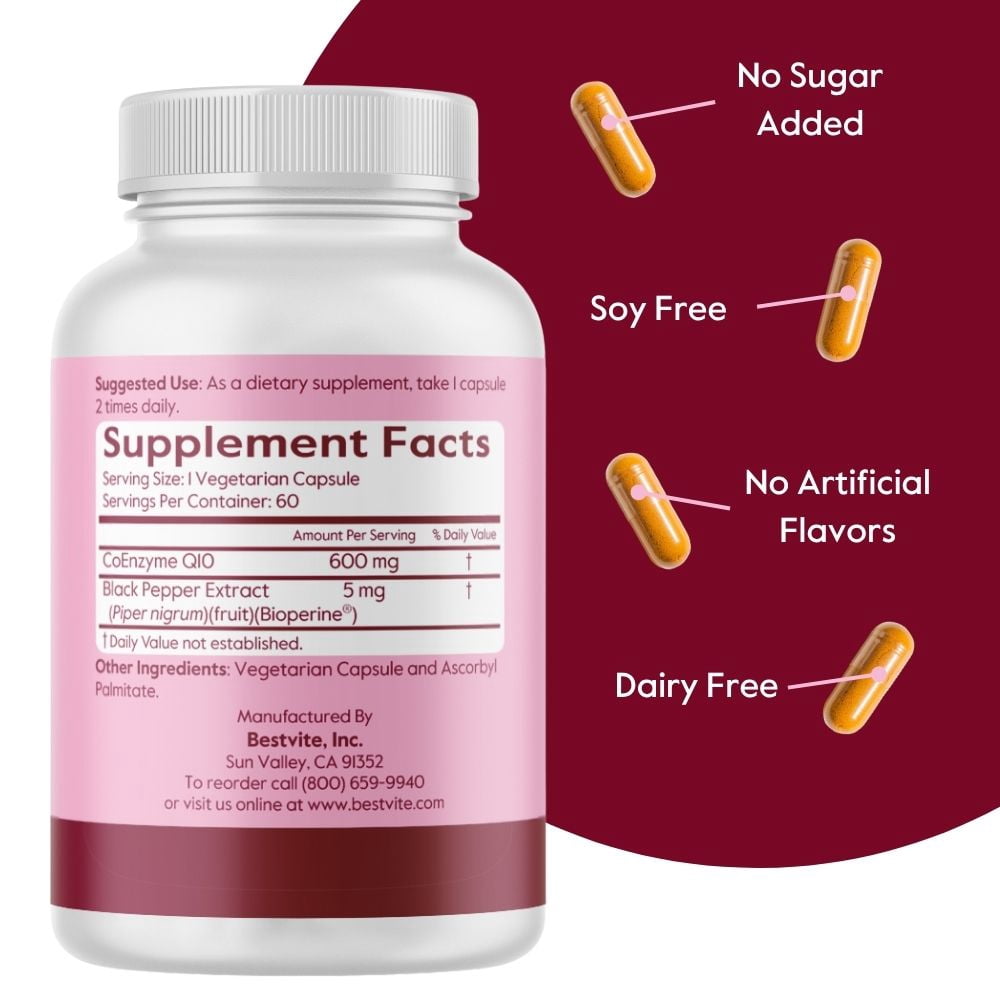 Coenzyme CoQ10 600mg with Bioperine (60 Vegetarian Capsules) - Naturally Fermented - No Fillers - No Stearates - Vegan - Gluten Free - Non GMO