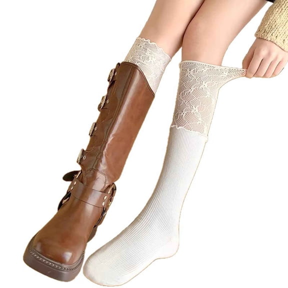 Karimi Womens Socks Lace Top Ribbed Knee High Socks, Scalloped Floral Lace Cuff Slouchy Mid Calf Socks, Leg Socks for Boots Daily Vintage Outfit Compression Socks
