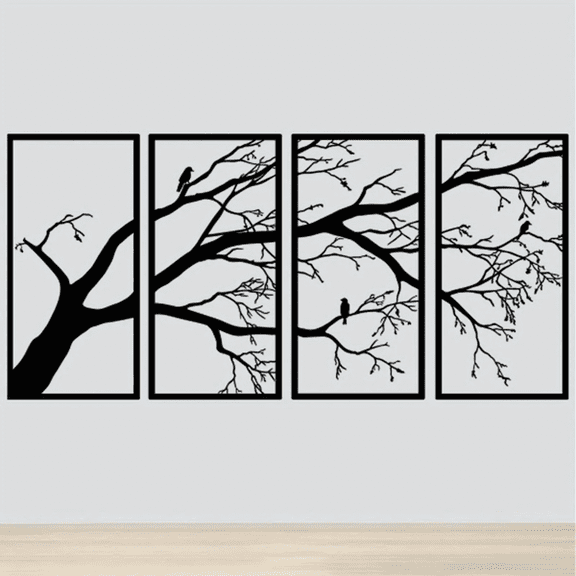 4-Panel Metal Tree Branch Wall Art with Birds, Minimalist Black Iron Nature Wall Decor for Home