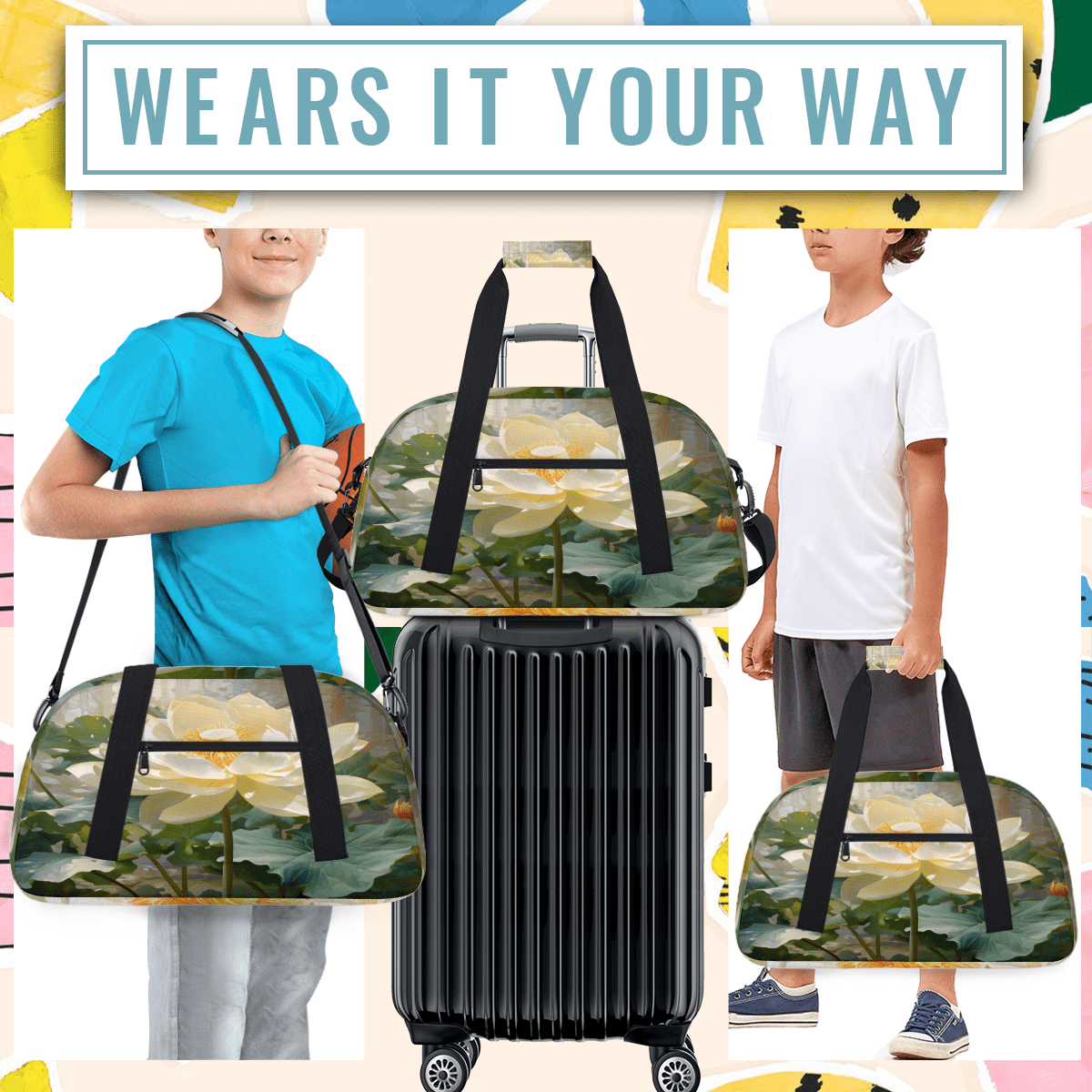 Herdesigns Lotus Sports Duffle Bag for Women & Men, Water Lotus Flowers Gym Bag Dance Bag Overnight Bag Carry On Weekender Travel Bag