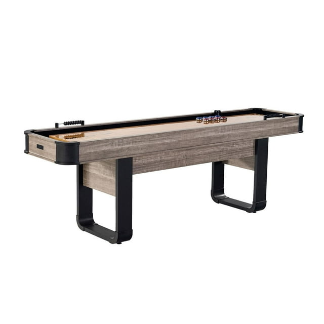Barrington 96" Elmhurst Shuffleboard Table with 8-Puck Set featuring a laminated wood grain playfield that is scratch-resistant and UV coated for fast puck action, supported by black U-style legs with crossbars and levelers, carpeted walls and gutters to protect the playing surface and reduce noise, modern bead-style scorer, includes 4 blue and 4 red pucks plus shuffleboard speed powder, ideal for family game rooms and recreational use.