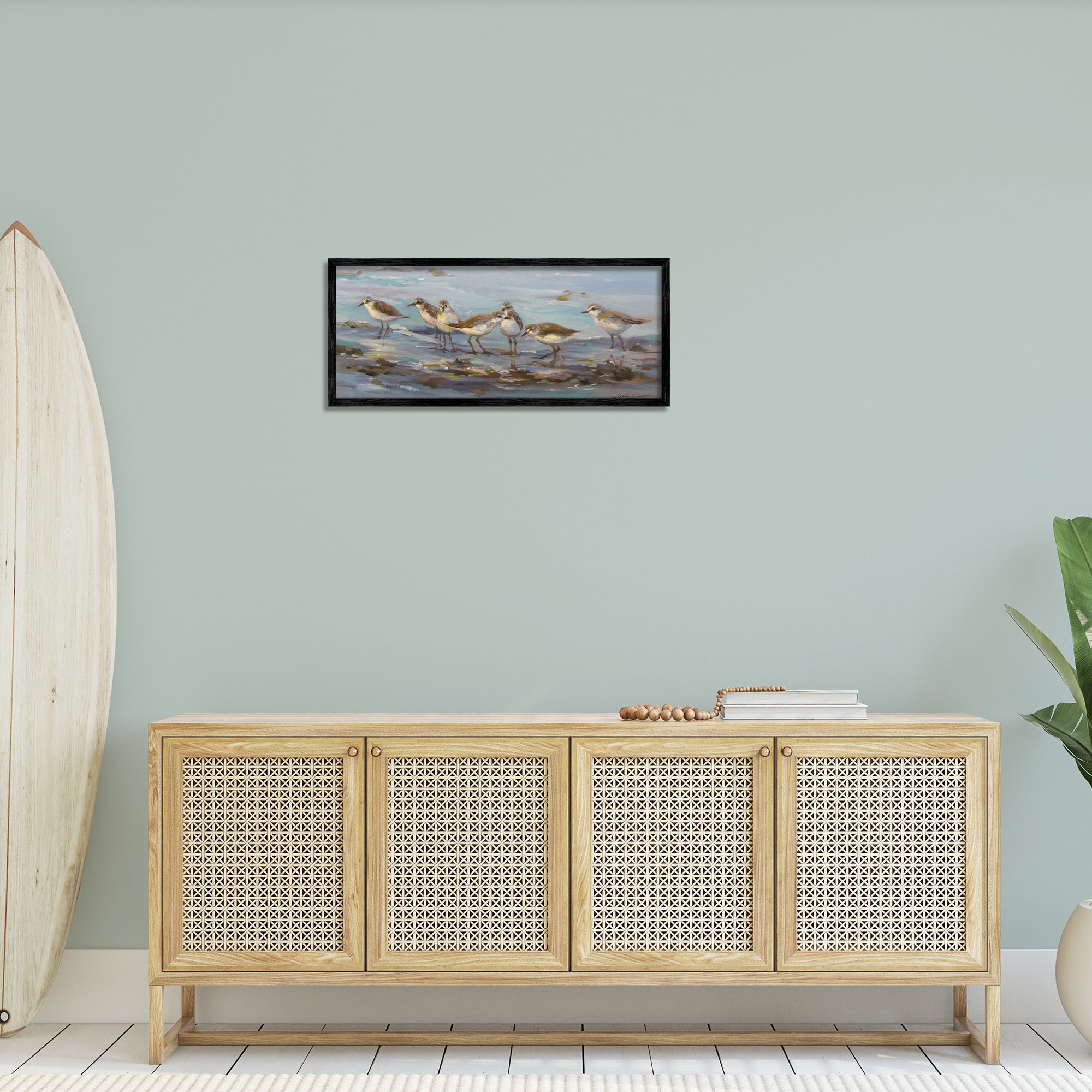 Stupell Industries Sandpiper Flock on Shore Animals & Insects Painting Black Framed Art Print Wall Art, 30 x 13