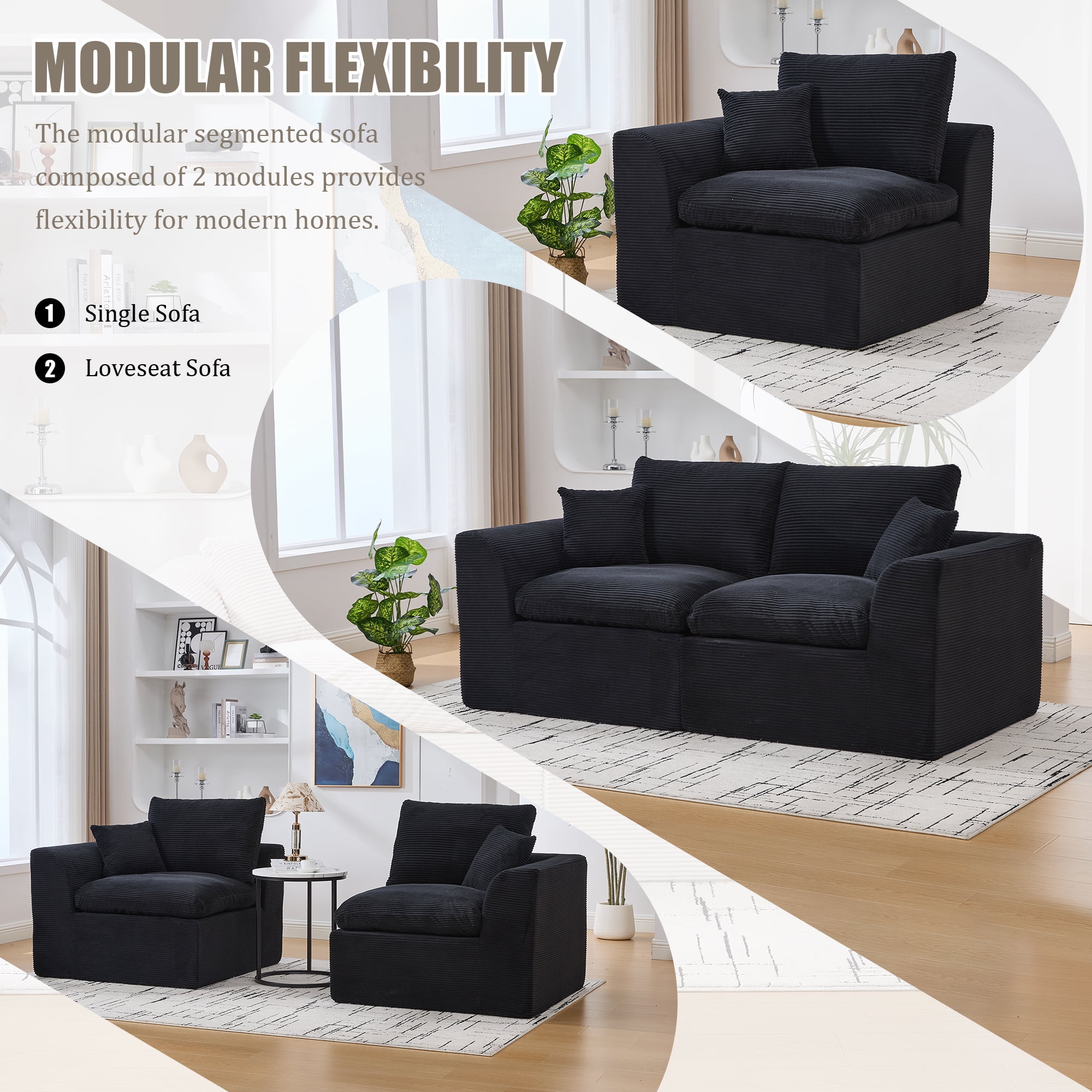 Leumius 80" Cloud Couch,Modern 2 Seater Sofa with Pillow,Upholstered Corduroy Fabric Modern Loveseat for Living Room Bedroom Apartments Dorms,No Assembly Required,Black