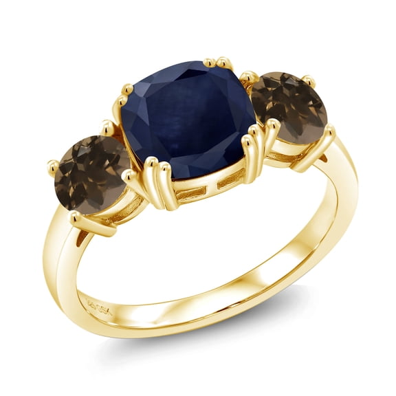 Gem Stone King 18K Yellow Gold Plated Silver Blue Sapphire and Brown Smoky Quartz 3 Stone Engagement Ring for Women (3.82 Cttw, Gemstone Birthstone, Cushion 8MM, Size 9)