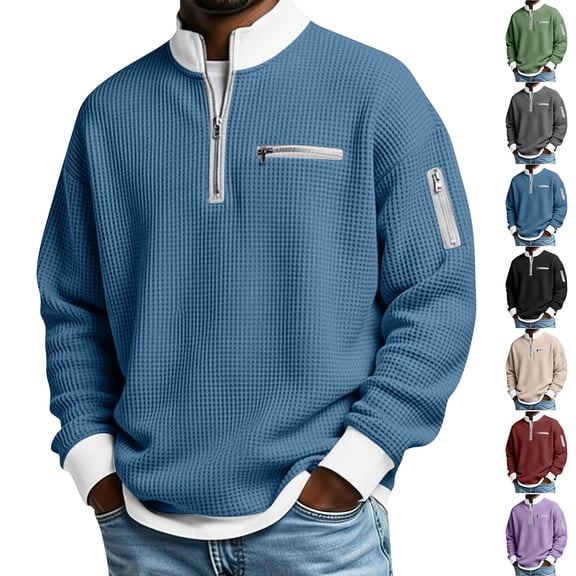 Men's Sweatshirts for Fall&Winter Waffle Knit Quarter Zip Stand Collar Long Sleeve with Zipper Pockets Casual Tops