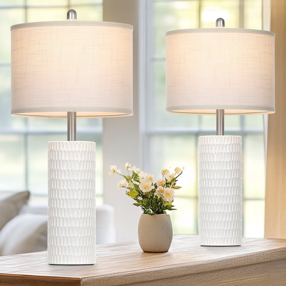 Cinkeda 27" Tall Ceramic Table Lamp Set of 2, White Cylinder Body with Carved Slot Pattern, Off-White Linen Shade, Rotary Switch, E26 LED Bulb Included for Bedroom Living Room