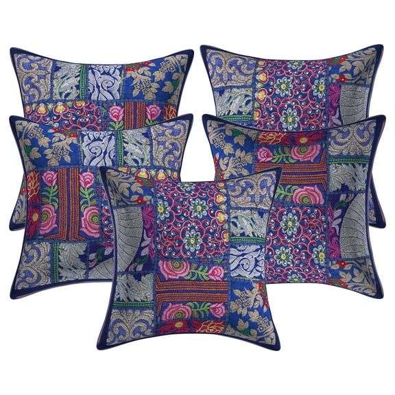 Stylo Culture Ethnic Cotton Living Room Throw Pillow Covers Dark Blue 12 x 12 Bohemian Vintage Patchwork Ethnic Sofa Cushion Covers 30x30 cm Decorative Abstract Square Pillow Cases | Set Of 5
