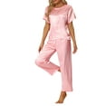 thumbnail image 2 of Conjunto de pijamas de satén para mujeres INSPIRE CHIC, atuendos de verano, camisetas de manga corta con pantalones, conjuntos de lounge de seda L rosa, 2 of 6