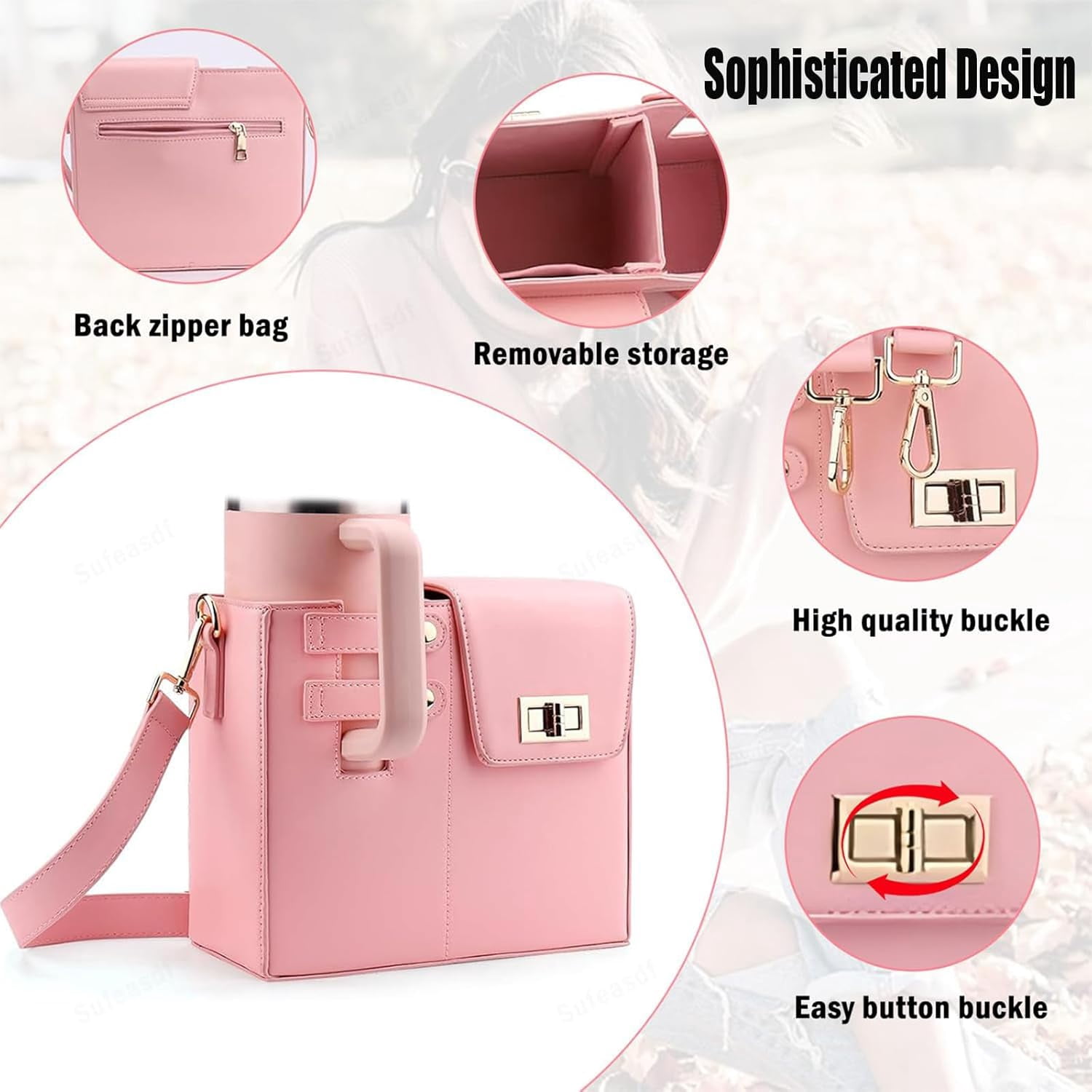 Aorsher Outdoor Portable Handbag with Water Bottle Holder,  Crossbody Water Cup Storage Bag, Leather Tumbler Bag with Water Bottle Pocket Compatible for Stanley Thermos