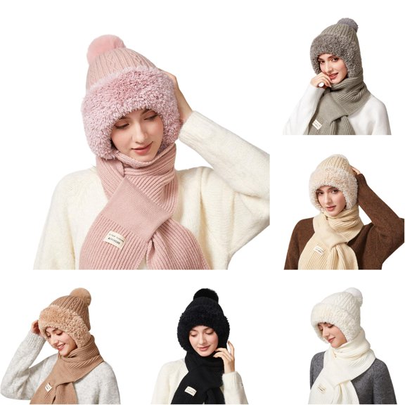HNMKIU Winter Warmth Knitted Scarf Hat Set For Cold Weather Outdoor Activities Thermal Lined Cozy Unisex Headwear Pink - One Size
