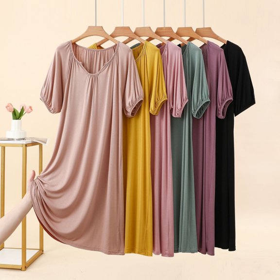 Asxite Womens Pajamas Solid Short Sleeve Round Neck Ruffle Hem Loose Breathable Nightgown