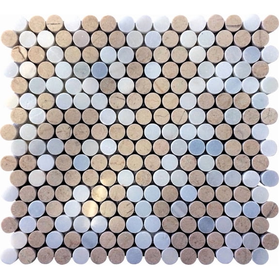 5 pack Gray and Beige 11.3 in. x 12.3 in. Penny Polished Marble Mosaic Floor and Wall Tile (4.83 sq. ft./Case)