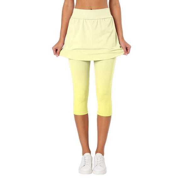 KHONTS Women's Tennis Skirt Leggings High Waist Tummy Control Athletic Yoga Capri Golf Pants Workout Clothing Yellow XL