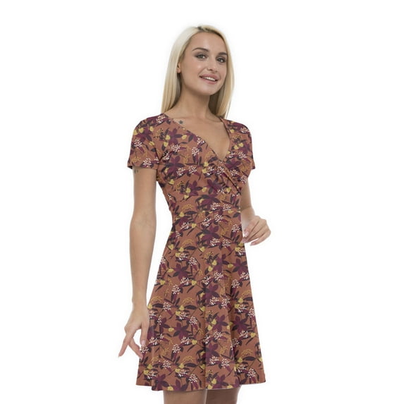 Women’s A Line Orange Summer Dress, Retro Triangle Arrangement, Cross Wrap V Neck, 6 Sizes, by Ambesonne