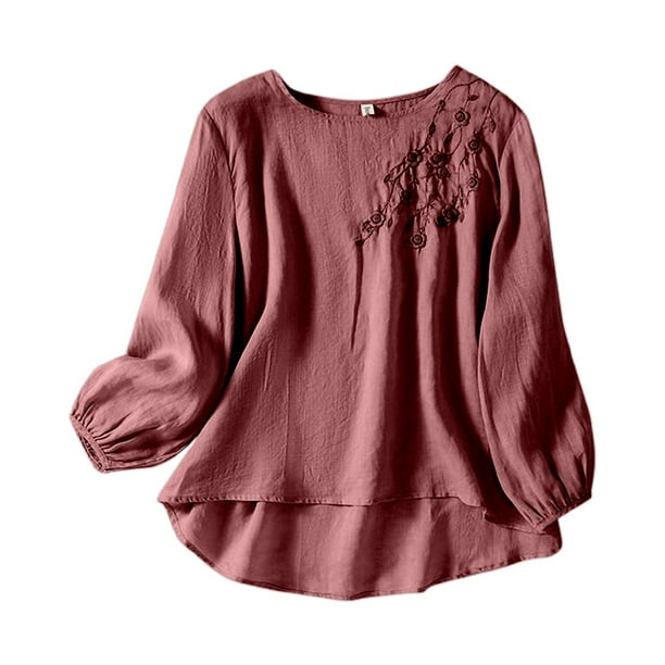 MHFRRA Camiseta de Manga Larga con Cuello Redondo y Bordado para Mujer, Estilo Bohemio, Holgada, Estilo Vintage, con Apliques Florales Rojo