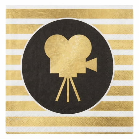 Amscan Hollywood Awards Night Gold & Black Striped Luncheon Napkins 80 Count 6.5 x 6.5