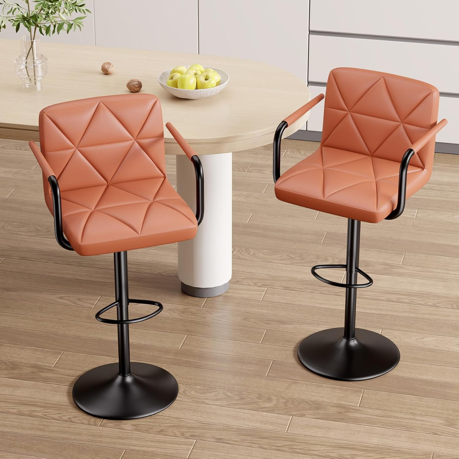 Hawsaiy Modern Bar Stools Set of 2, PU Leather Adjustable Swivel Bar Chairs with Armrests and Back, Hydraulic Counter Height Stools with Footrest for Kitchen Island, Dining Room, Bar, Umber