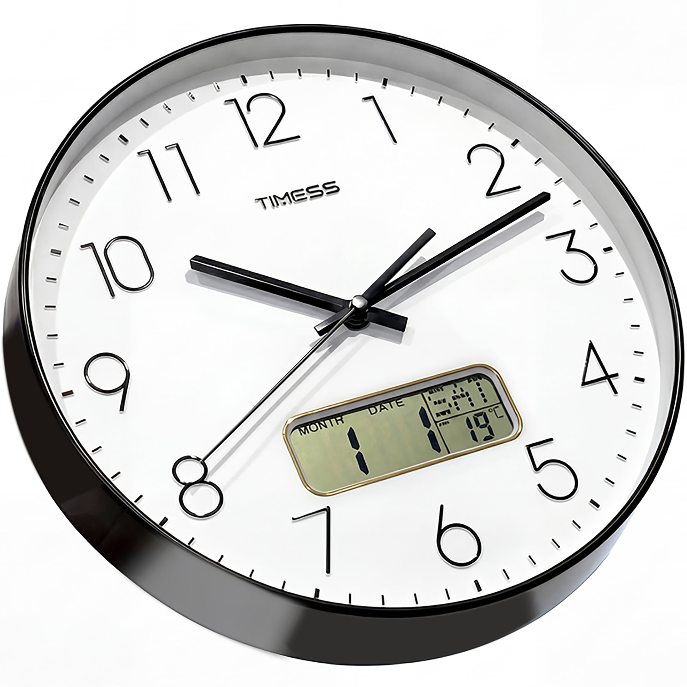 TIMESS 14 Inch Silent Wall Clock with Date Display, Large Easy-Read Numbers, Battery Operated, Modern Home Clock (Black)