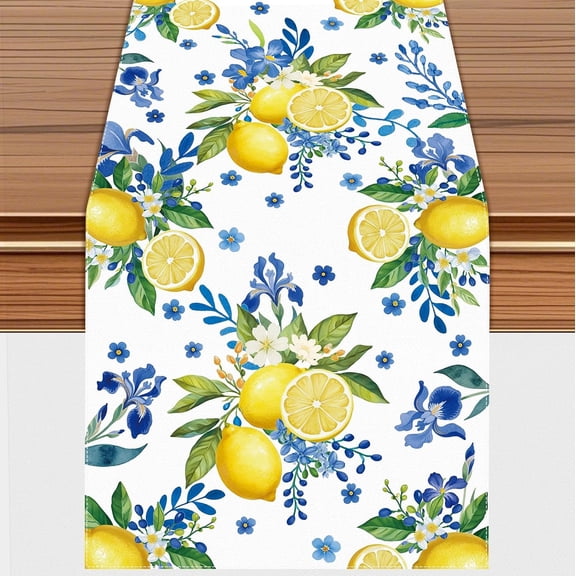 Lemon and Blue Floral Table Runner, Seasonal Kitchen Dining Table Decoration for Home Party Birthday Wedding Decor 72 x 13 inches, White