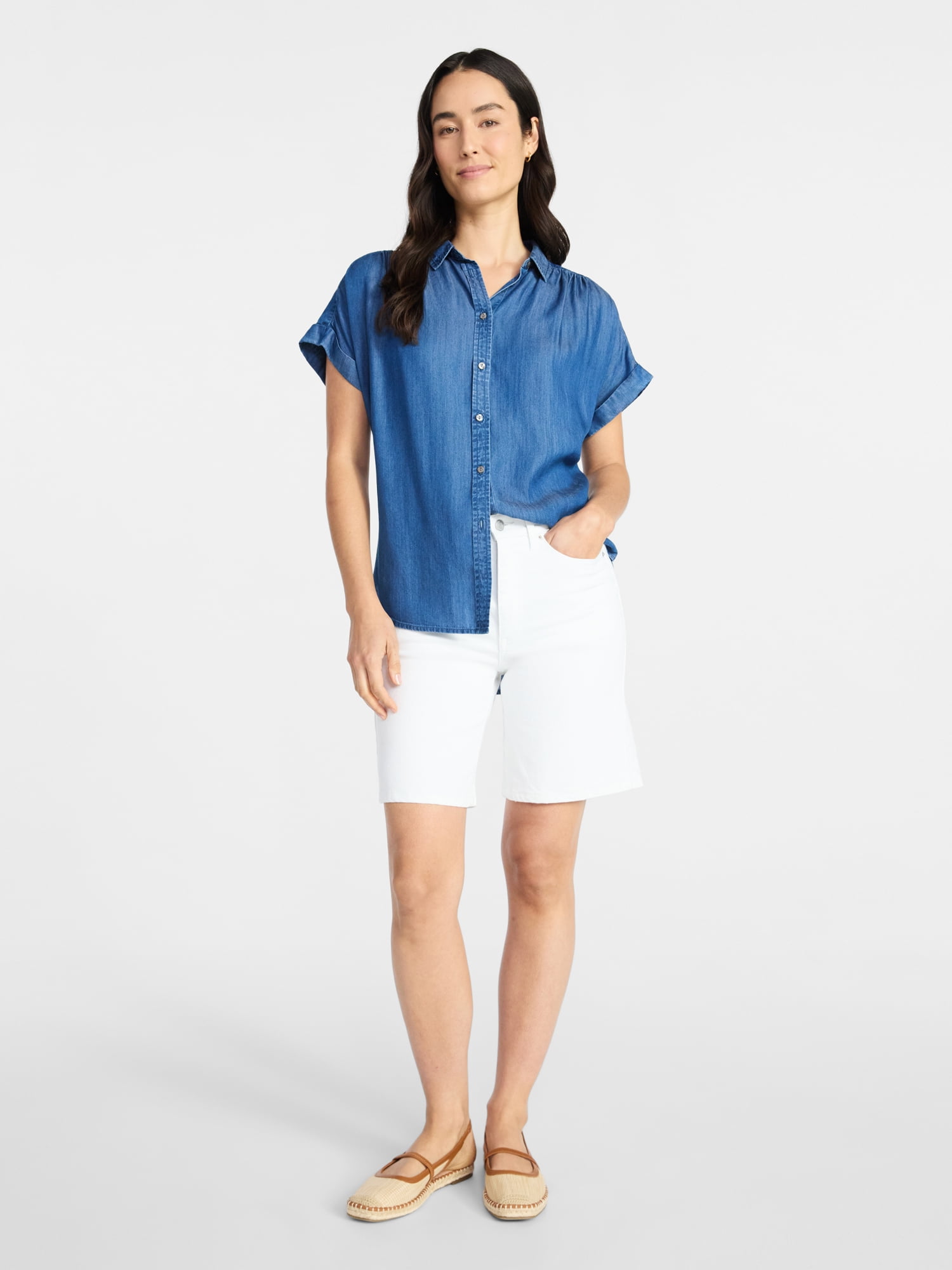 Time and Tru Women's Chambray Camp Shirt with Short Sleeves, Sizes XS-XXXL