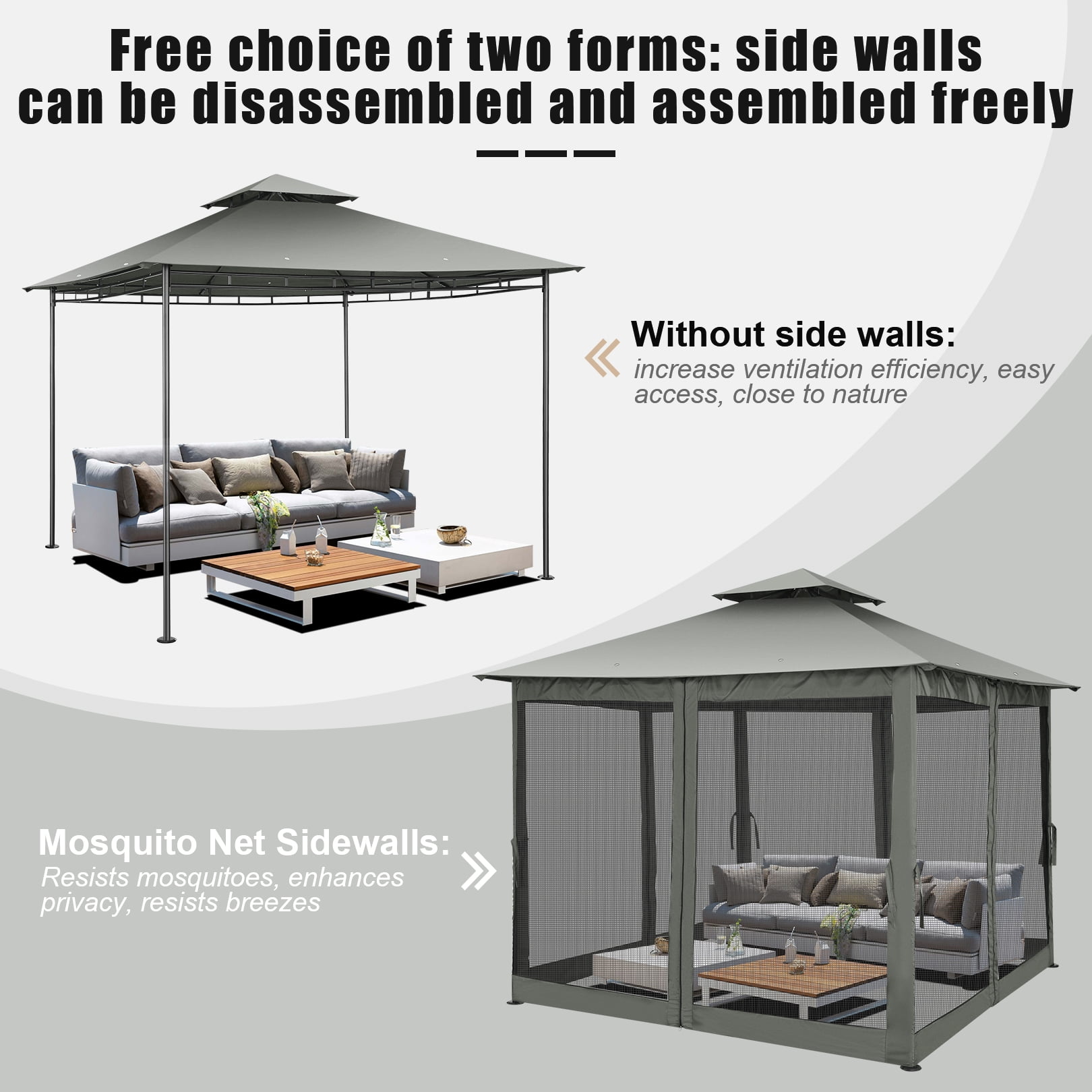 HOTEEL 10x10 Gazebos for Patios, Canopy Tent Outdoor Gazebo Backyard Gazebo Patio with Mosquito Netting and Double Roof for Party, Wedding, BBQ and EventQ, Gray