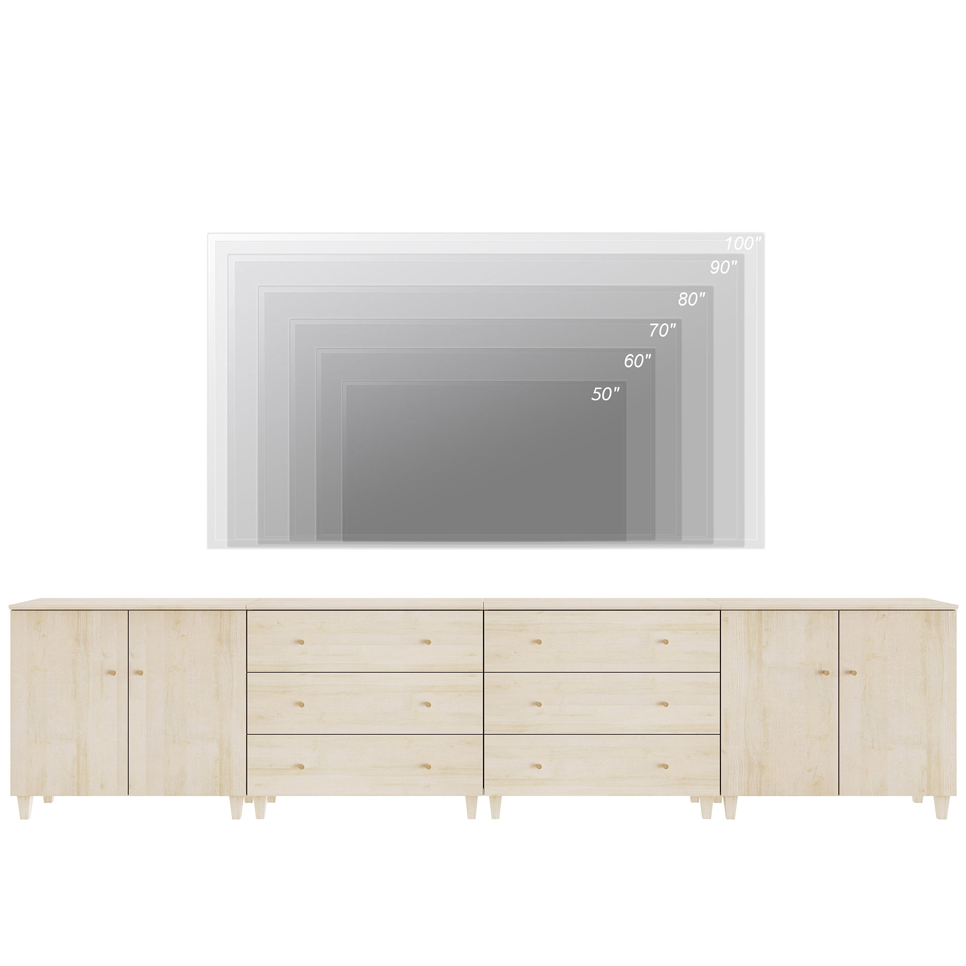 WAMPAT Extra Long Modern TV Stand for 120+ Inches TVs, 3-in-1 Large Wooden Media Console with 6 Spacious Drawers and 2 Storage Cabinets for Living Room, Light Oak