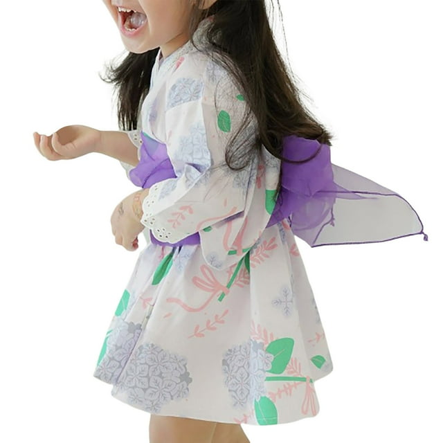 Hiiyo Robe Kimono à Manches Longues pour Petites Filles avec Ceinture, Tailles 1-6