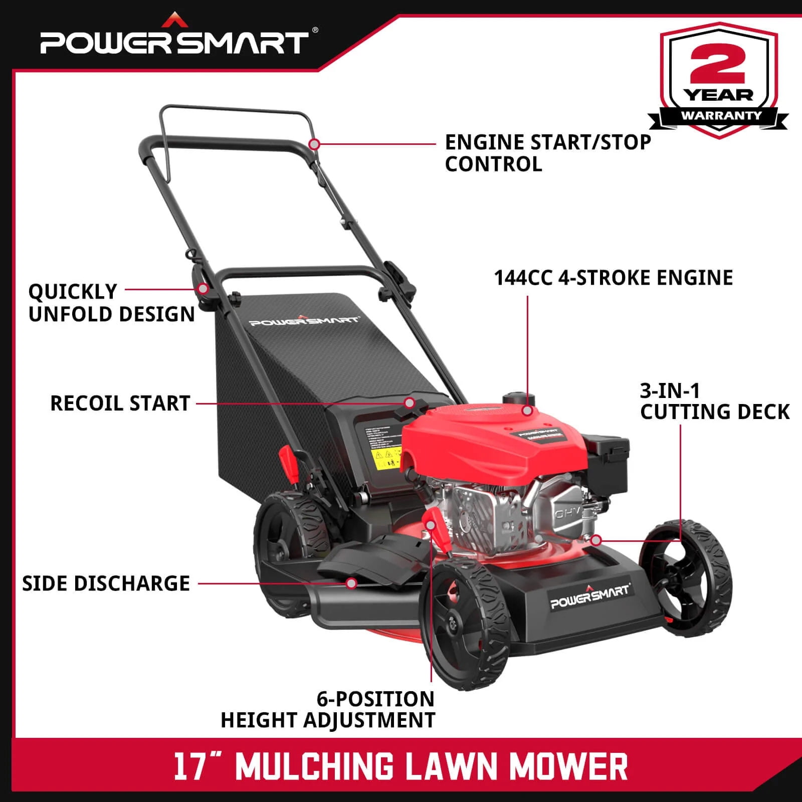 PowerSmart 18" 144CC Gas-Powered 3-in-1 Walk Behind Lawn Mower – Easy Start, Foldable, Ideal for Yards Up to 1/4 Acre