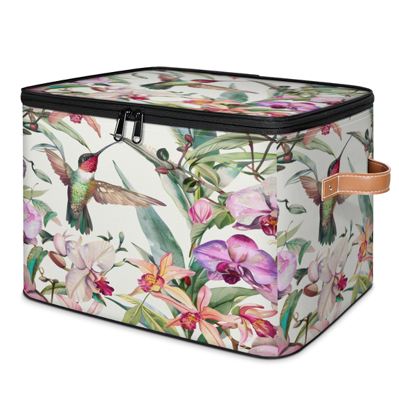 CURLYOOT Hummingbird Fabric Storage Bins with Lids, Hibiscus Flower Foldable Storage Boxes Washable Storage Cube, Closet Bedroom Home Organizer Containers with PU Leather Handles