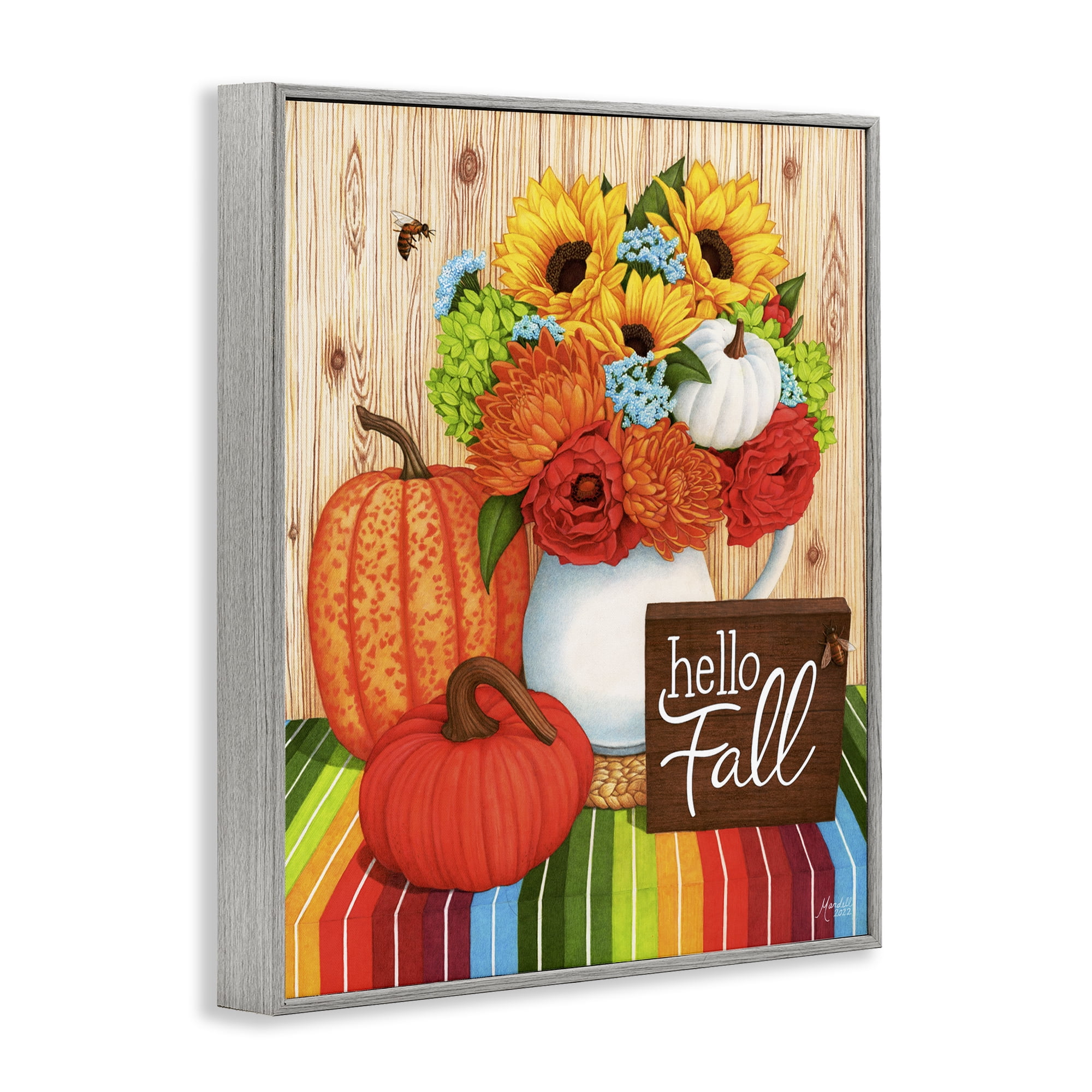 Stupell Industries Hello Fall Rainbow Pumpkins Holiday Painting Gray Framed Art Prints Wall Art, 11 x 14