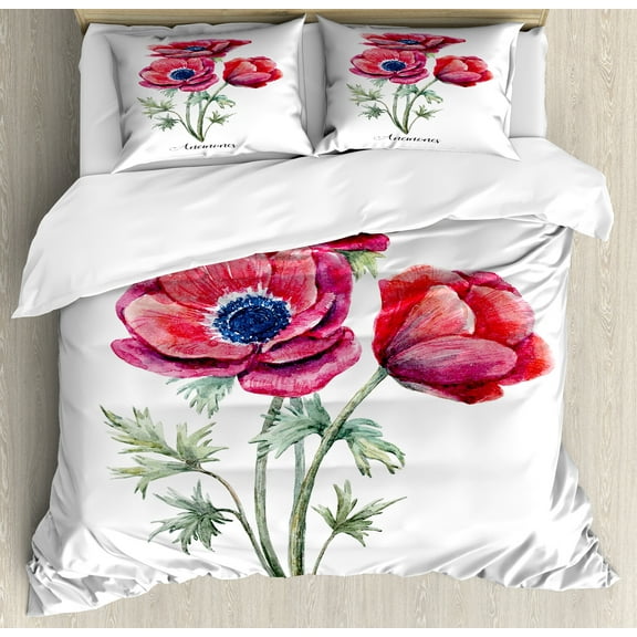 Anemone Flower Duvet Cover Set, Watercolor Painting Style Bouquet of Anemone Vintage Garden, Decorative 3 Piece Bedding Set with 2 Pillow Shams, Queen Size, Sage Green Red Navy Blue, by Ambesonne