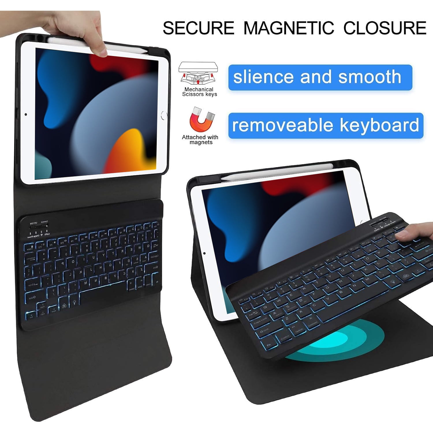 Vinci iPad 9th/8th/7th Generation Keyboard Case 10.2 inch 2021/2020/2019, iPad Pro 10.5-inch Case with Keyboard,iPad Air 3 2019, 7 Color Backlit Removable Wireless Folio Keyboard Tablet Cover(Black)