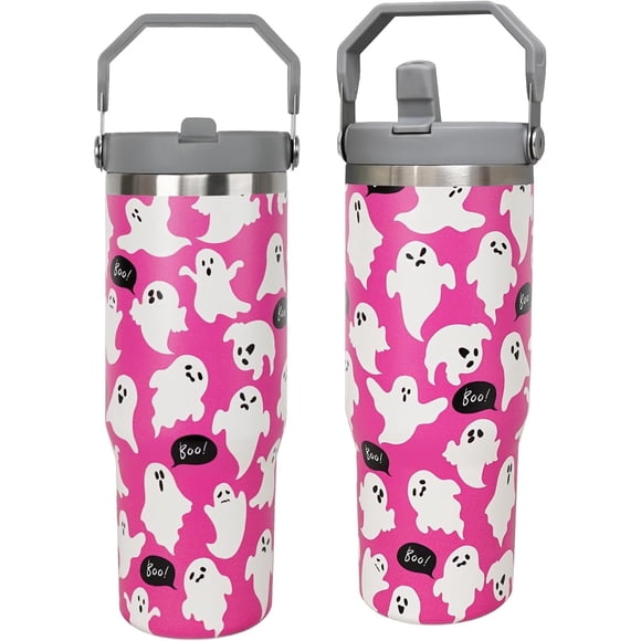 30 oz Halloween Ghost Tumbler with Top Handle, Lid and Flip Straw - Halloween Gifts for Women Girls, Halloween Water Bottle Cups for , Pink