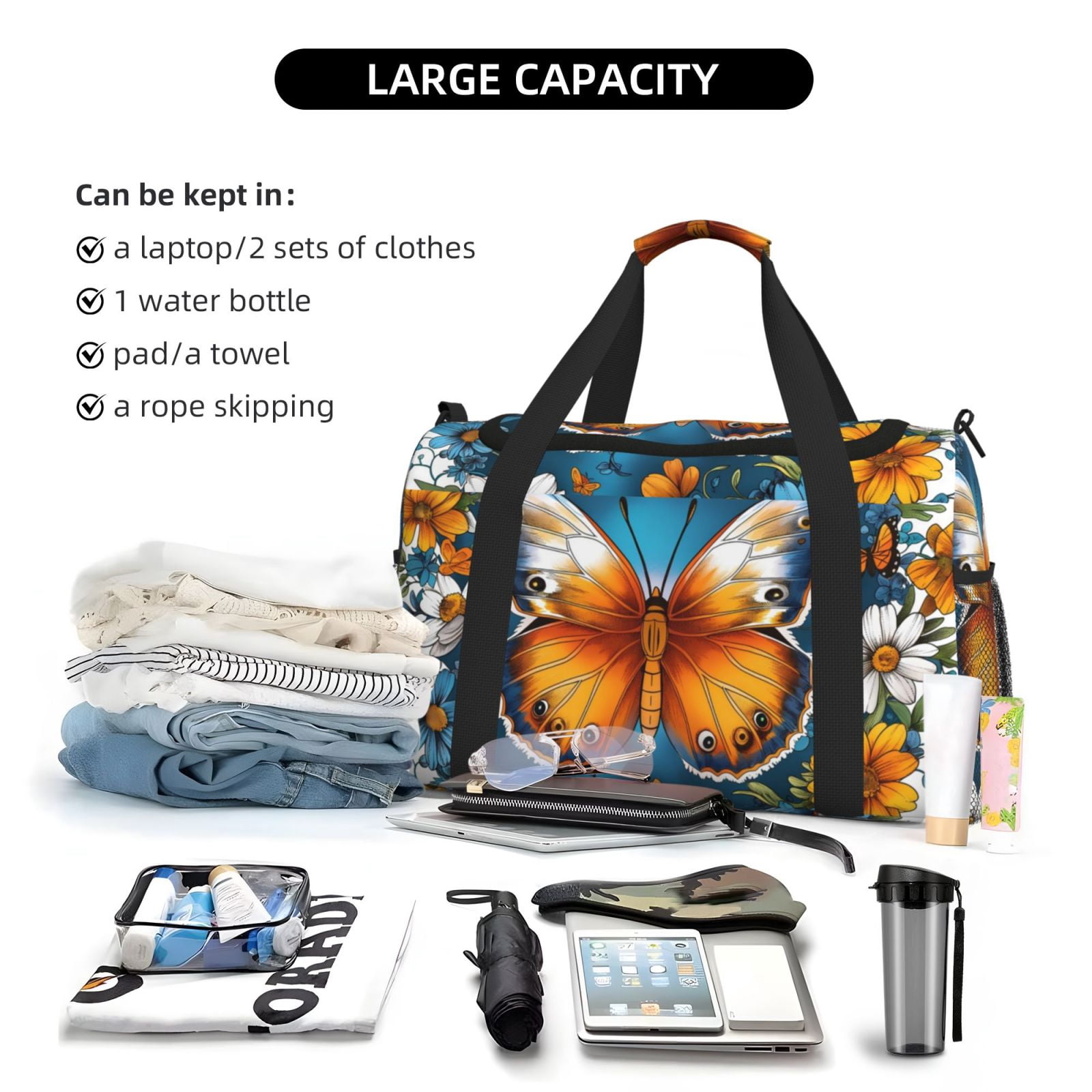 Fuzoiu Spring Butterfly Flowers Print Travel Duffle Bag,Carry On Tote Bags,Duffel Bag,Sport Gym Bag, Hospital Bag for Labor and Delivery, Overnight Bag,Luggage Bag