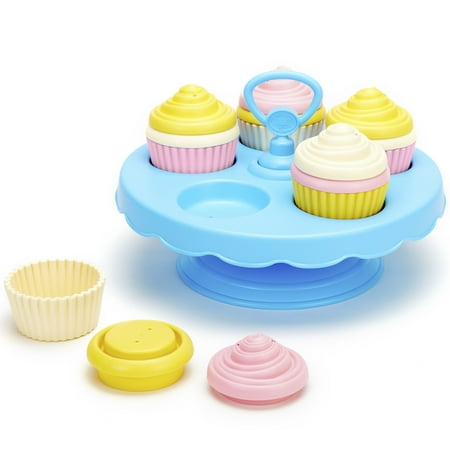 Green Toys: Cupcake Set - 16pc Mix & Match Dessert Assembly, Bakery Stand, Pastel Hues, Kitchen Food Pretend Play, Recycled Material, Kids-Toddlers 2+
