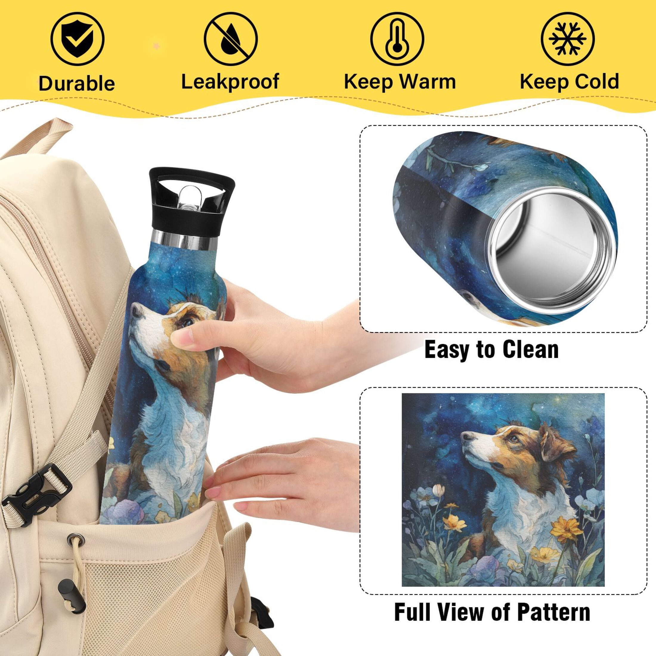 600ML Stainless Steel Insulated Cup Sports Water Bottle Portable Thermos Cup Water Glasses Insulated Tumblers Convenient and Durable Night Dog