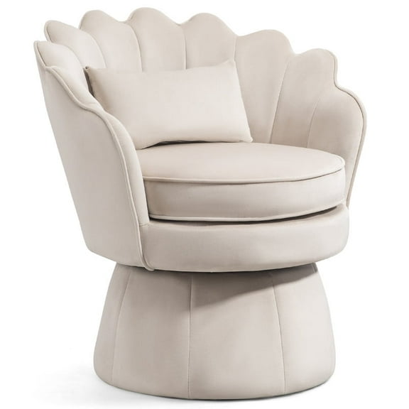 Newnno 360° Swivel Accent Chairs, Mid-Century Modern Velvet Barrel Chair, Comfy Shell Shape Arm Chair with Lumbar Pillow for Living Room, Bedroom, Office, Beige