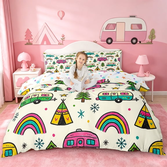 Catabedysis Colorful Cartoon Camping Bedding For Girls,Camper Rainbow Print Duvet Cover Full,Multicolor,Colorful Stars Reversible,3 Pieces,1 Duvet Cover and 2 Pillowcases