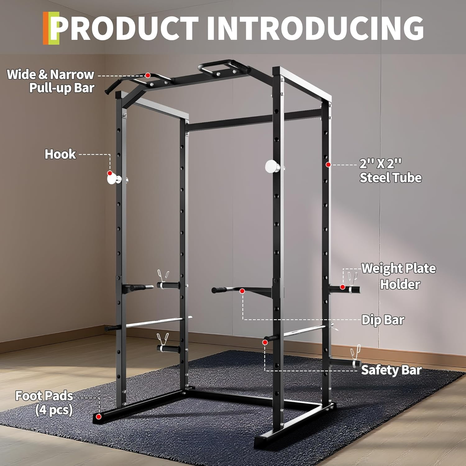 Heavy Duty Power Cage Squat Rack for Home,1100 LB Capacity Power Rack with Pull-Up Bar, Dip Bars, j-Hooks Adjustable Safety Bars Spotters Squat,Black