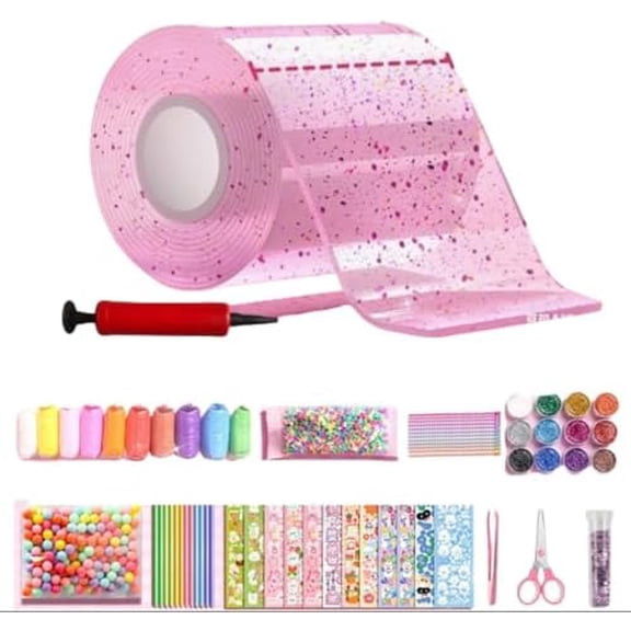 Nano Tape Bubble Set, Glitter DIY Stress Ball Making Kit with Straw, Clamps, Stickers, Elastic Double Sided Craft Set, Party Favor Gift (Pink)